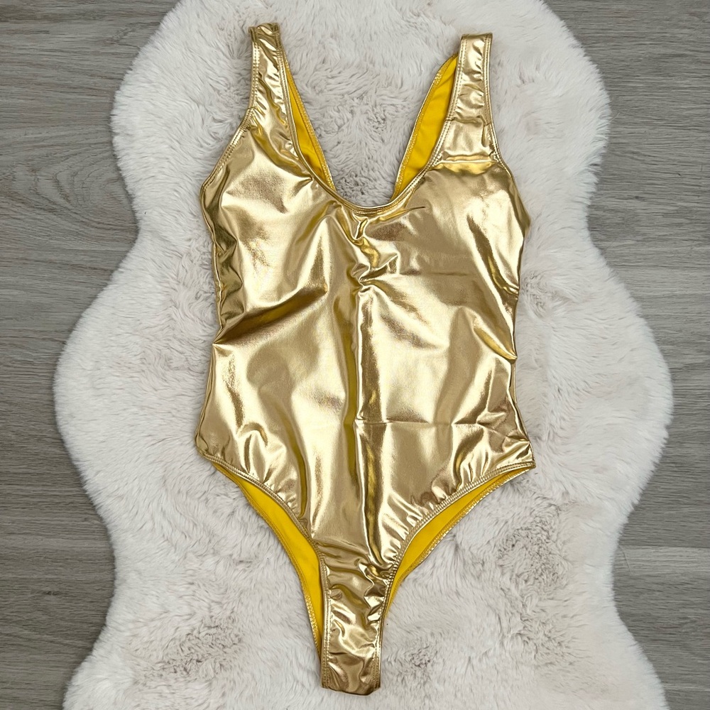 Sexy Shiny Gold/Silver Metallic Leather Scoop Neck Biquini Bathing Suit Swimsuit